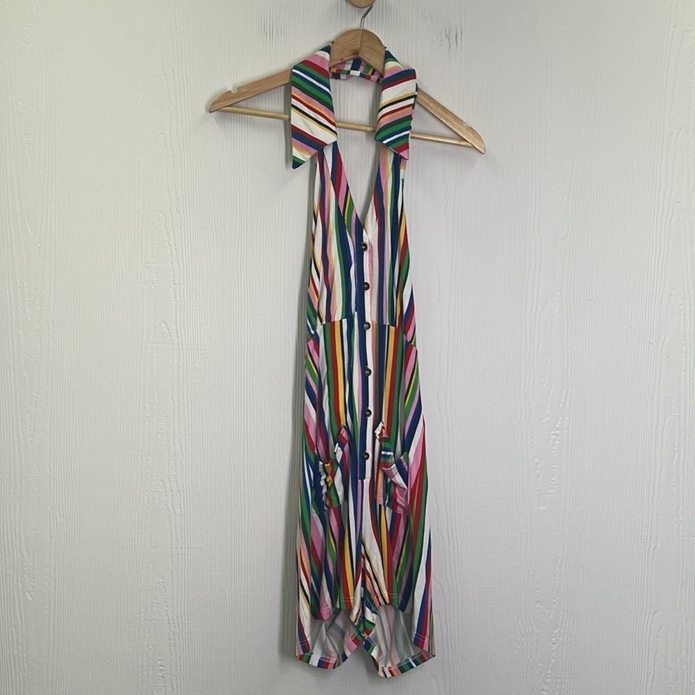 Mod Cloth - Rainbow Stripe Button Down Halter Short Romper Size Medium - Picture 7 of 11